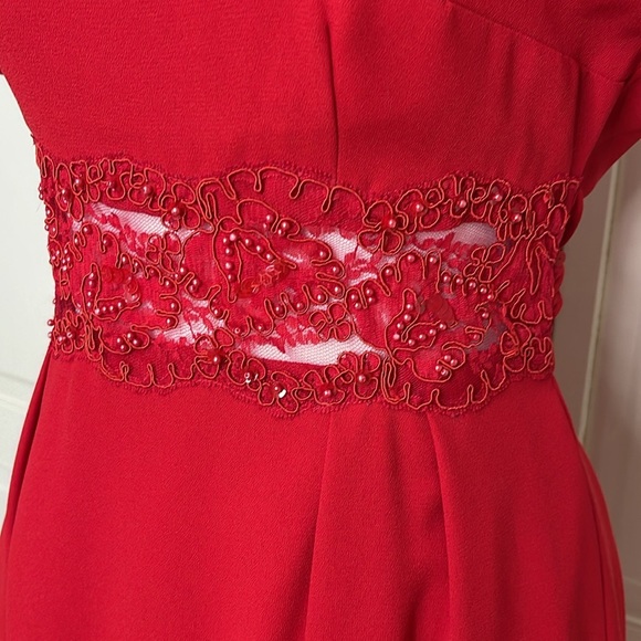Donna Morgan Woman’s Petite Red Dress with Tie Belt Sz 6 Short Sleeve Lace - Picture 5 of 12